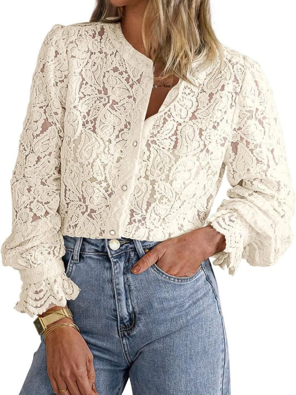 PRETTYGARDEN #22 Beige Lace Blouse Top L
